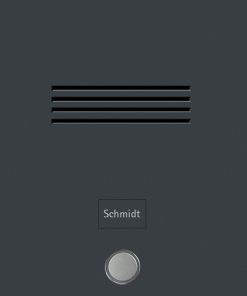 Detailansicht Edelstahlklingel mit Sprechanlage und Beschriftung Pulverbeschichtung RAL7016 Anthrazit