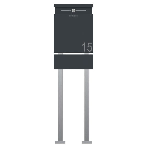 Briefkasten Edelstahl B5 Steel Briefeinwurf Klingeltaster LED weiss Pulverbeschichtung RAL 7016 Geschliffen K240 Freistehend Standfuß Zeitungsfach