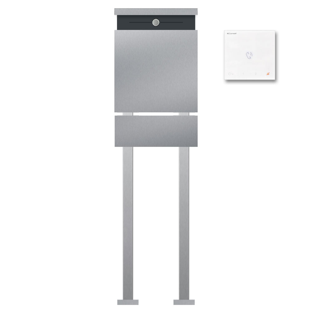 Briefkasten Edelstahl B5 Steel Briefeinwurf Klingeltaster LED Pulverbeschichtung RAL 7016 Geschliffen K240 Freistehend Standfuß Audio Innensprechstelle Comelit Zeitungsfach