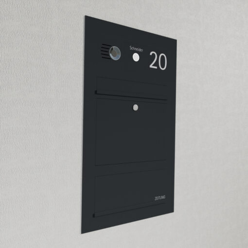 Briefkasten Anthrazit B3 Compact Flex mit Zeitungsfach und Comelit Video Gegensprechanlage Seitenansicht